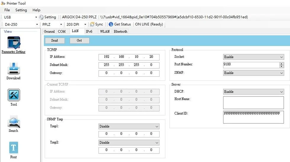 Giao diện Printer Tool kết nối USB, nhấn Get Status báo ON LINE Ready