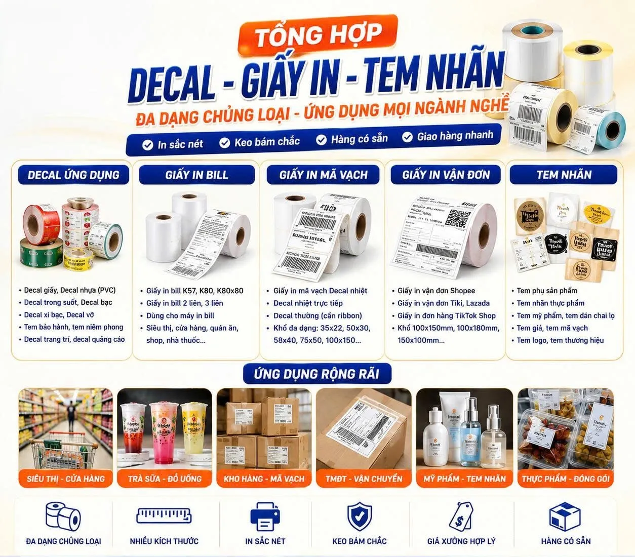 Tổng hợp decal, giấy in và tem nhãn đa dạng chủng loại ứng dụng mọi ngành nghề