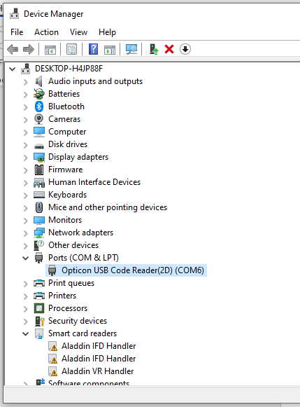 Cổng Opticon USB Code Reader hiển thị COM6 trong mục Ports của Device Manager