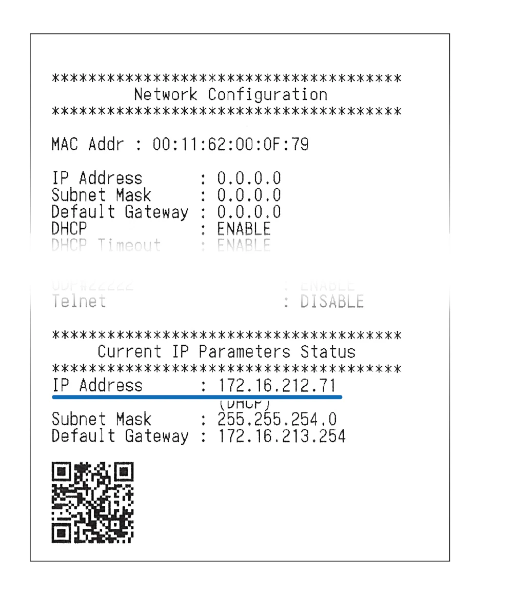 Trang in tự kiểm tra (self-test) hiển thị địa chỉ IP hiện tại của máy in Star BSC10II ở mục Current IP Parameters Status