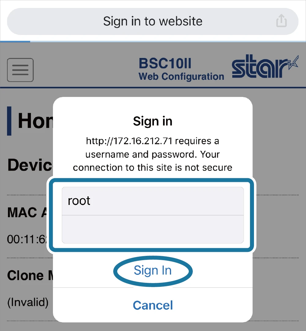 Màn hình đăng nhập trang Web Configuration của máy in Star BSC10II bằng tài khoản root