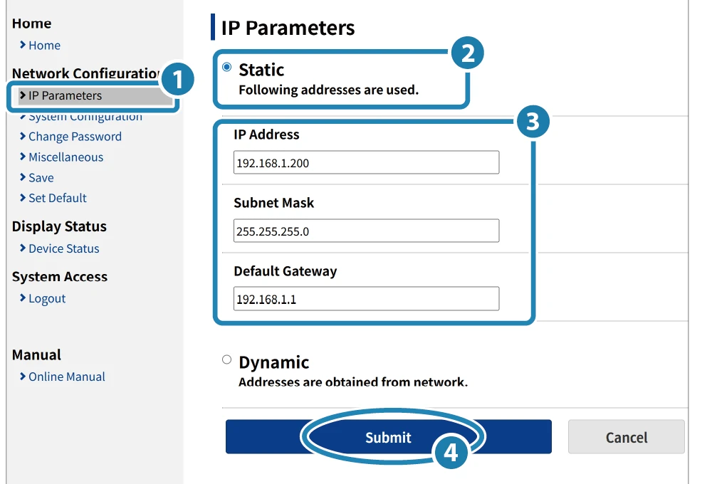 Màn hình đặt IP tĩnh (Static) trong trang IP Parameters của Web Configuration máy in Star BSC10II