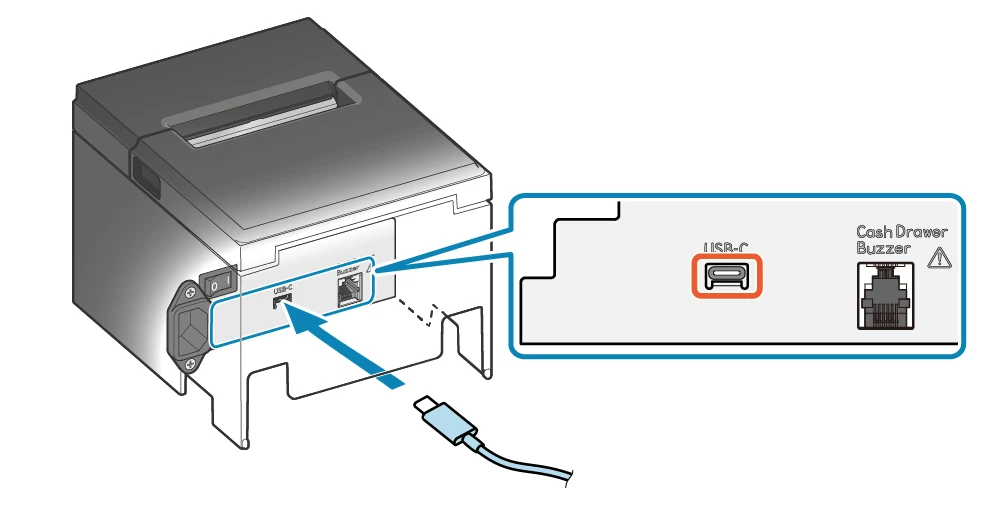 Cắm cáp USB-C vào đúng cổng USB-C ở mặt sau máy in Star BSC10II bản U, phân biệt với cổng Cash Drawer bên cạnh