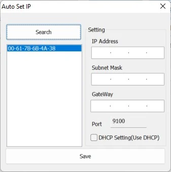 Hộp thoại Auto Set IP sau khi nhấn Search — máy in Xprinter được tìm thấy theo địa chỉ MAC, ô Port hiển thị 9100