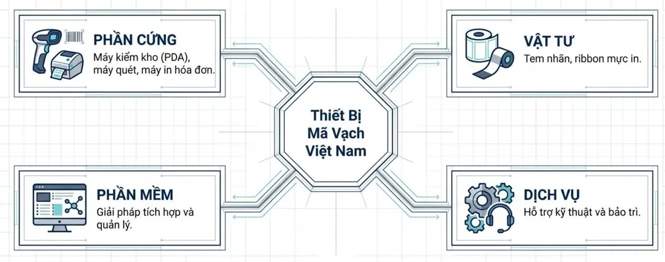 4 trụ cột giải pháp mã vạch: phần cứng, vật tư tiêu hao, phần mềm quản lý và dịch vụ hỗ trợ kỹ thuật