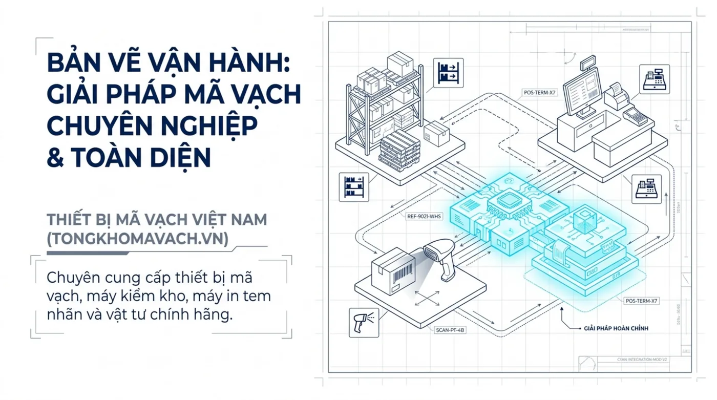 Sơ đồ vận hành hệ sinh thái mã vạch tích hợp: kho bãi, quầy POS và trung tâm xử lý dữ liệu đồng bộ theo thời gian thực