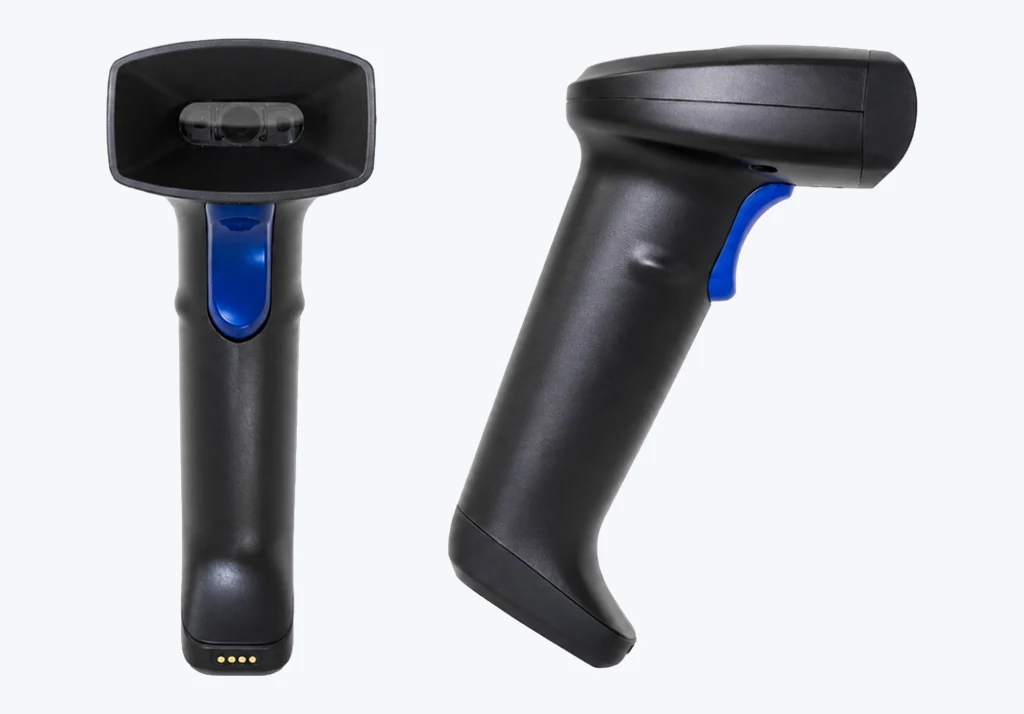 Opticon L-250BT nhìn chính diện và nhìn nghiêng, cảm biến 2D và cò quét màu xanh
