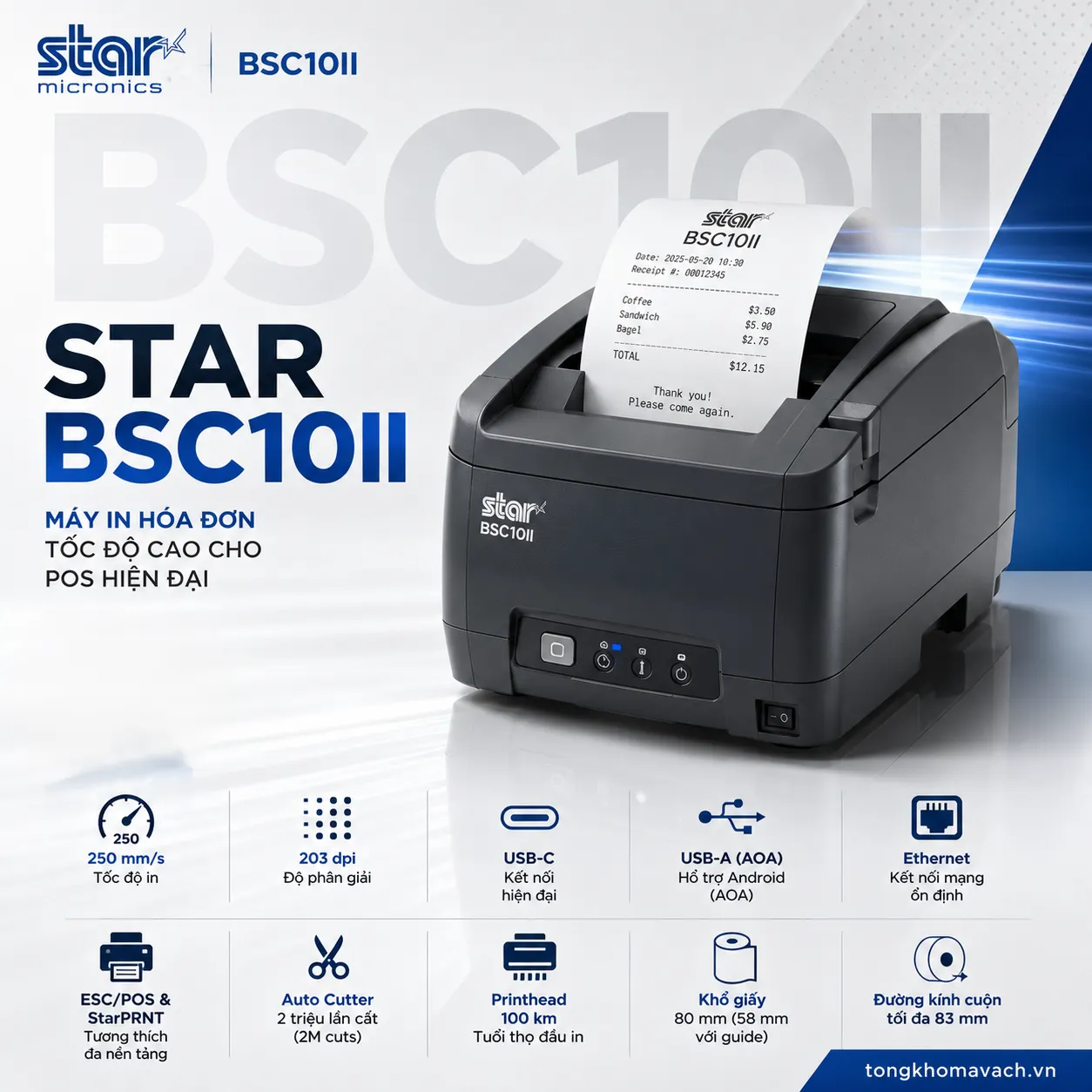 M&aacute;y in h&oacute;a đơn POS Star BSC10II &ndash; d&aacute;ng cube, tốc độ 250mm/s, AOA sạc tablet Android, dual USB-C v&agrave; Ethernet, auto-cutter 2 triệu lần cắt
