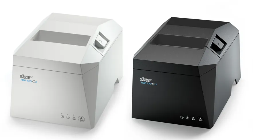 Star TSP100IV — sơ đồ tính năng: dao cắt guillotine, nạp giấy, đèn báo trạng thái, cổng kết nối