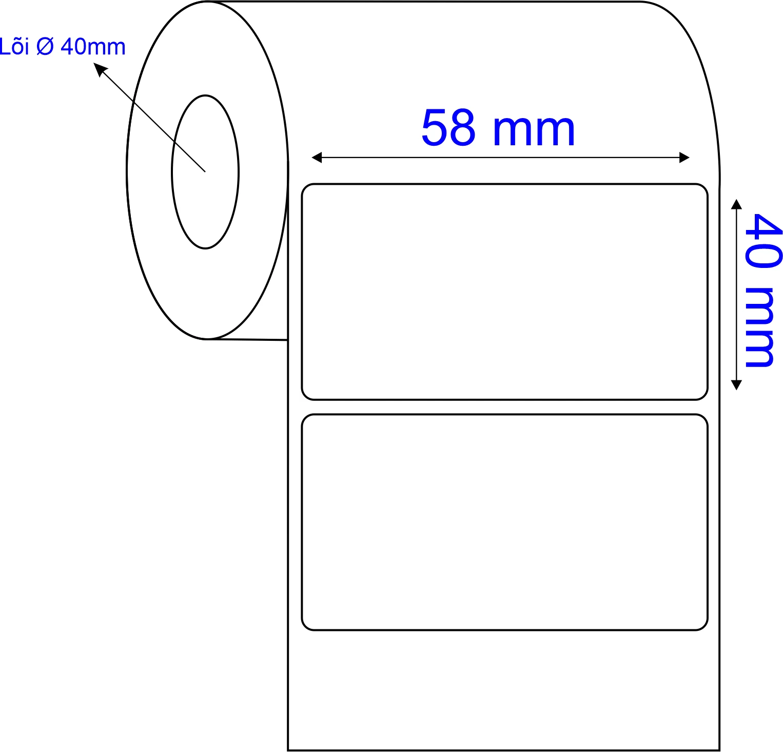 Sơ đồ kích thước tem cân 58x40mm, đường kính lõi 40mm