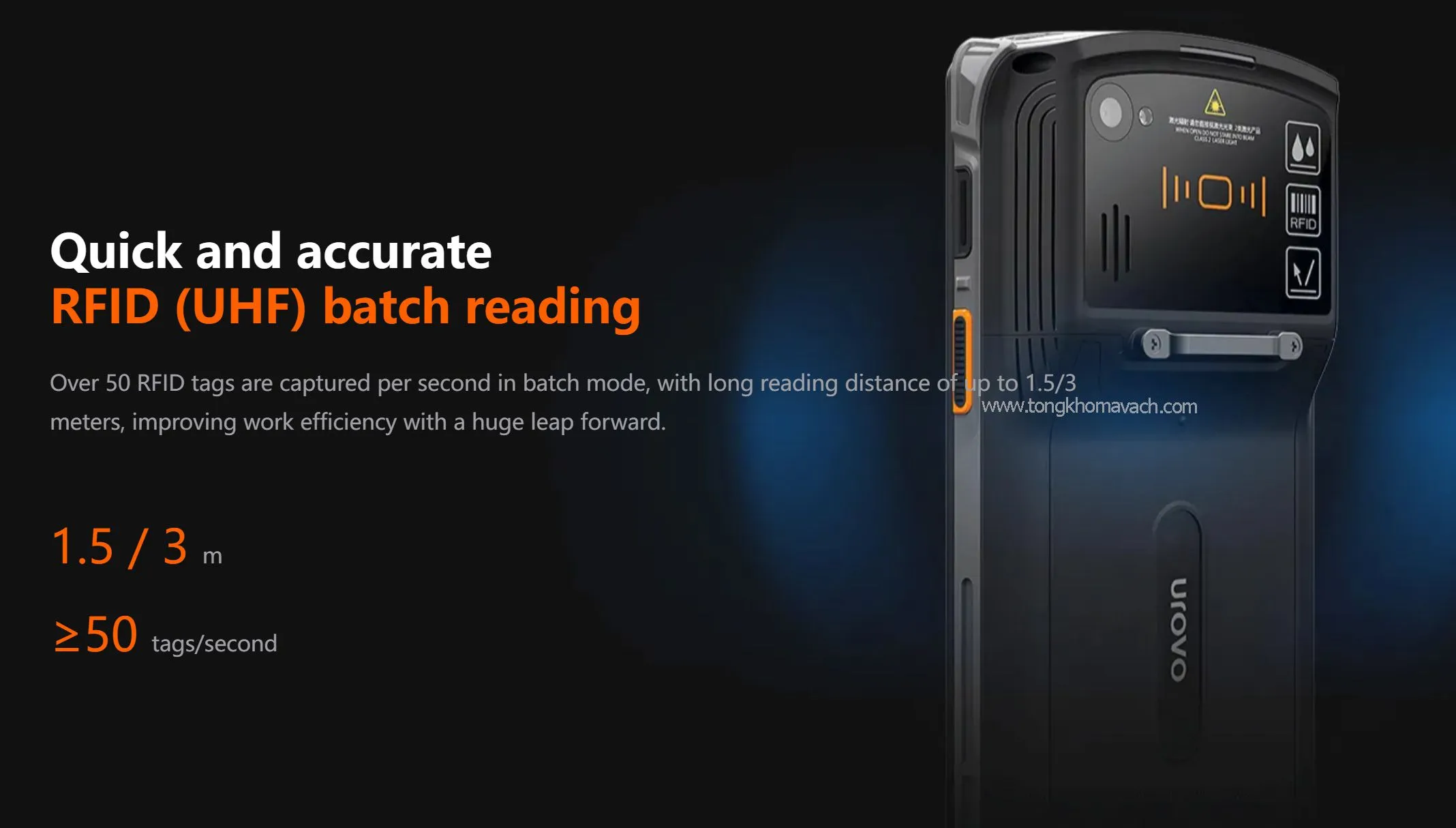 Urovo DT50D hoạt động trong kho hàng — quét nhãn RFID