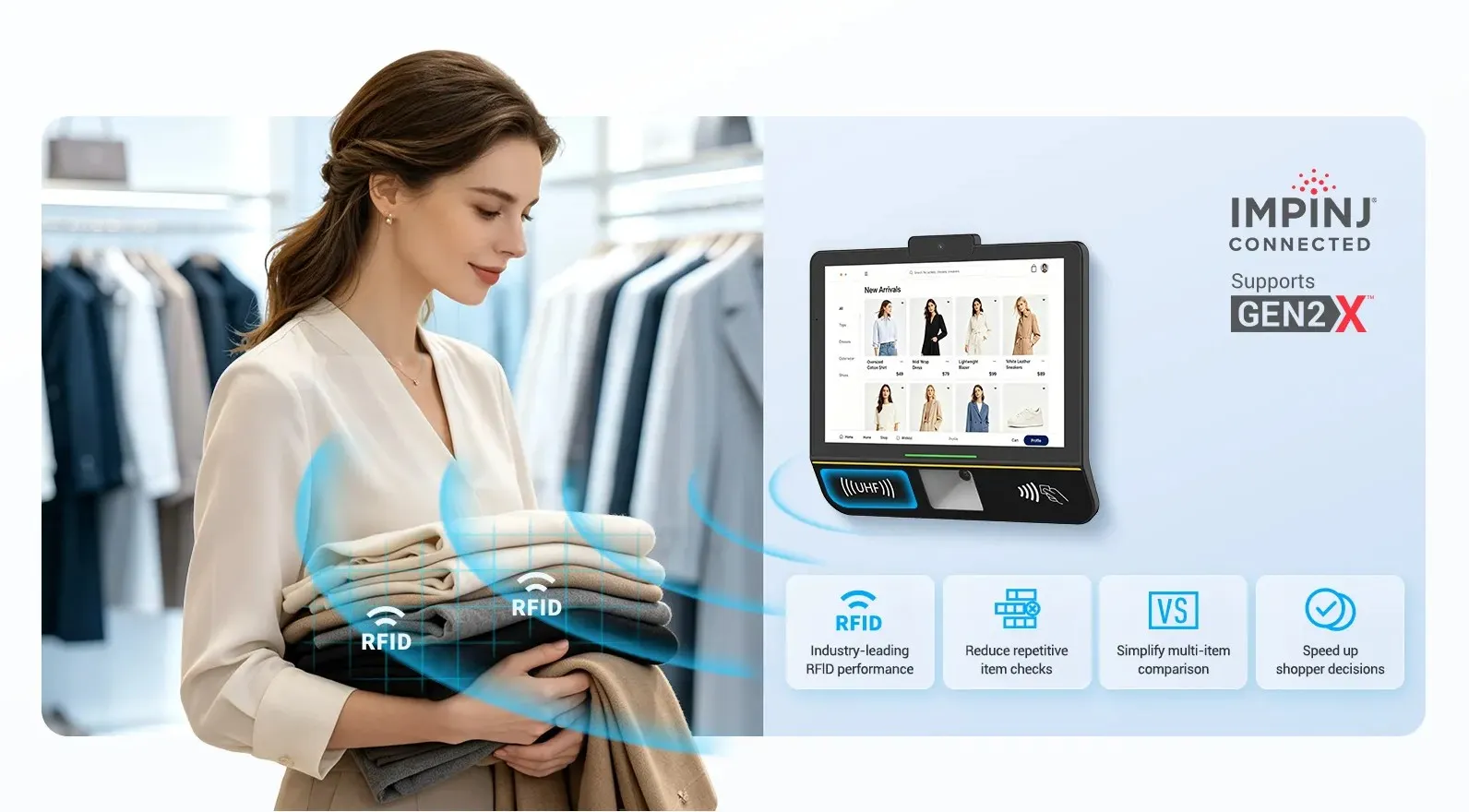 Kiosk Urovo U100 đọc tem RFID UHF trong cửa hàng thời trang — khách ôm chồng quần áo, máy dùng chip Impinj hỗ trợ Gen2X để đọc nhiều tem cùng lúc