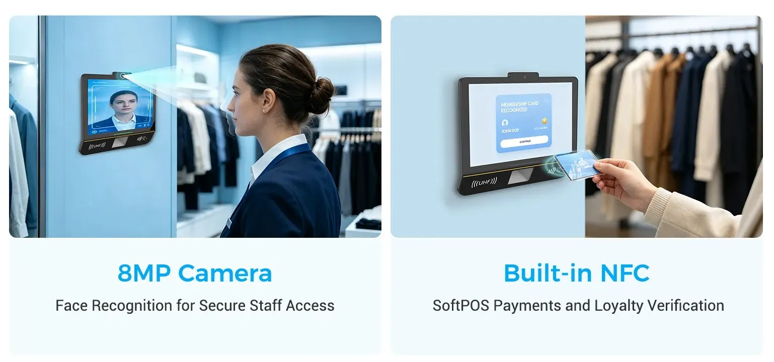 Urovo U100 — camera 8MP nhận diện khuôn mặt cho nhân viên đăng nhập ca, và NFC tích hợp để khách quẹt thẻ thành viên